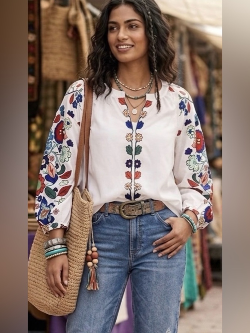Bohemian NWOT Floral Embroidered blouse, L, P2P 20”